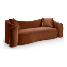 a brown couch with two pillows on the back and one arm folded out to show it's curved shape