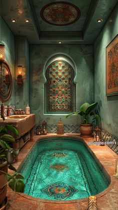 an indoor swimming pool in the middle of a room with two sinks and mirrors on the wall