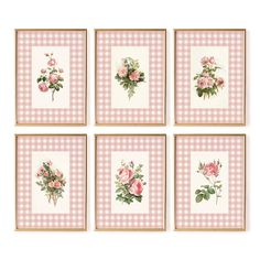 four framed pictures with pink flowers and gingham checkered paper on the wall