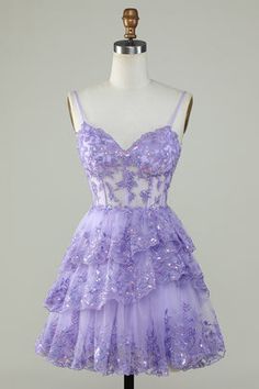 Zapakasa Women Sequins Purple Short Homecoming Dress A-Line Sparkly Spaghetti Straps Cocktail Dress Purple Hoco Dress, Lavender Homecoming Dress, Corset Layering, Short Princess Dress, Cocktail Dress Purple, Mitzvah Dresses, Homecoming Dresses Sparkly, Sequin Homecoming Dress, Hoco Dress