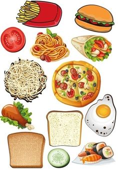 a bunch of food that is on a white background