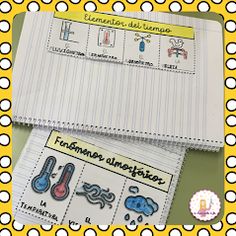 two notebooks with pictures of different objects on them and polka dot paper in the background