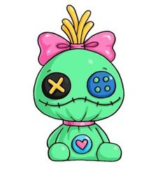 a green stuffed animal with a pink bow on it's head and crossbones