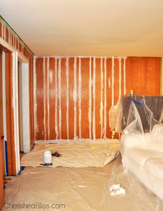 the room is being remodeled and ready to be used as a living area with wood paneling