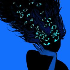 a woman with her hair blowing in the wind and skulls all over her face, against a blue background