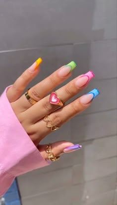 Short Pastel French Tip Nails, Coffin Rainbow Nails, Nails Summer 2024 Square, Coffin Colored French Tip Nails, Colorful French Nails Square, Multi Colored French Tip Nails Square, Nails Inspiration Rainbow, Acrylic Nails Ideas Summer 2024, Multi Color Acrylic Nail Designs