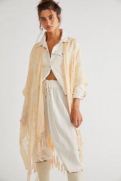 Shop our Nightbird Burnout Kimono at FreePeople.com. Share style pics with FP Me, and read & post reviews. Free shipping worldwide - see site for details. Velvet Fringe Kimono, Beige Kimono, Free People Kimono, Velvet Fringe, Open Kimono, Fringe Kimono, Sheer Kimono, Kimono Pattern, Floral Print Design