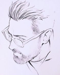 a drawing of a man with glasses and a beard looking off to the side in profile