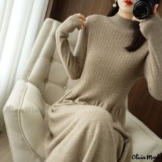 Olivia Mark - Wool Knitted Dress: Half Turtleneck Design, Knee-Length, Cashmere Sweater, Long Umbrella Skirt Fashion In The 70s, 70s Women Fashion, Fashion Hashtags, Merino Wool Dress, Long Umbrella, Turtleneck Midi Dress, Wool Knitted Dress, Woolen Dresses, Umbrella Skirt