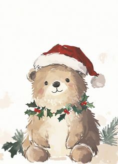 a brown teddy bear wearing a santa hat and holly - berry garland on its chest