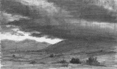 a black and white drawing of clouds over mountains