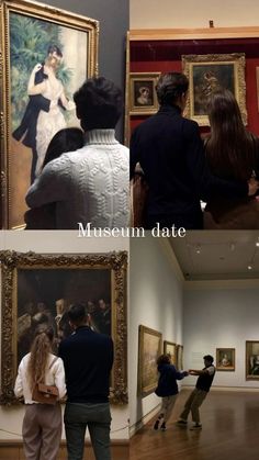 two people looking at paintings in an art museum and another person pointing to the painting