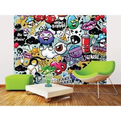 a living room filled with furniture and lots of graffiti art on the wall behind it