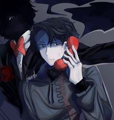 an anime character holding two red phones to their ears and one hand on his face