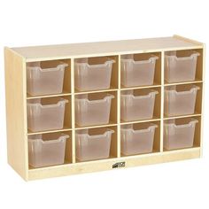 a wooden shelf with twelve clear plastic bins