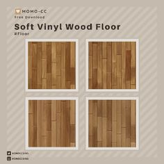 four wooden floor tiles in different sizes and colors, with text that reads soft vinyl wood floor