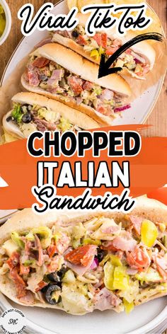 Chopped Italian Sandwich (TikTok Viral) on a white plate. Dinner Sandwich Recipes Families, Tiktok Italian Sub, Delicious Sandwiches Lunch Ideas, At Home Subway Sandwich, Gondola Sandwich, Tik Tok Italian Sandwich, Spicy Italian Sandwich Recipes, Italian Sandwiches For A Crowd, Tik Tok Chopped Grinder Sandwich