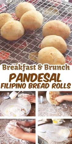 bread rolls are being made and placed on a wire rack with the words, breakfast & brunch pandesal flipping bread rolls