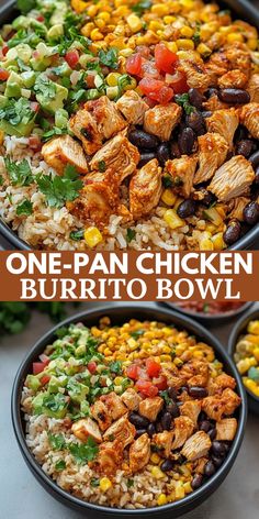 one - pan chicken burrito bowl with black beans, corn and cilantro