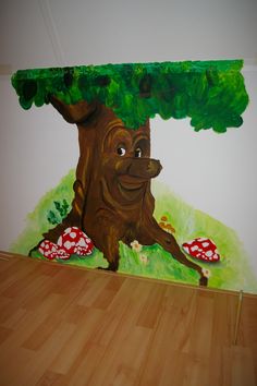 a painting of a tree with mushrooms on it