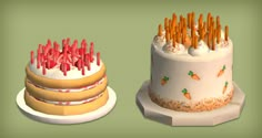 two cakes with carrots on them sitting next to each other