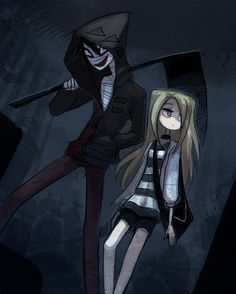 two anime characters standing next to each other in front of a dark background with one holding an umbrella