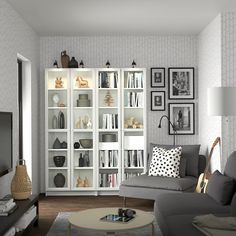 a living room filled with furniture and lots of bookshelves on top of it