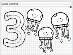 the numbers 3 and 5 are made up of three jellyfishs, one with two eyes