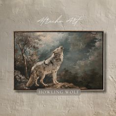 a wolf standing in front of a painting with the words howling wolf on it