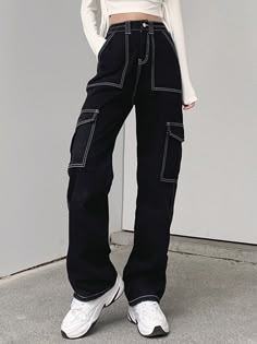 Pocket Stitched High Waist Cargo Jeans Cargo Jeans Black, High Waisted Baggy Jeans, Y2k Trousers, Jeans Online Store, Mode Zara, Cargo Pants Outfit, Baggy Cargo Pants, Bodycon Floral Dress, Black Cargo Pants