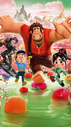 an animated movie poster with characters in the background