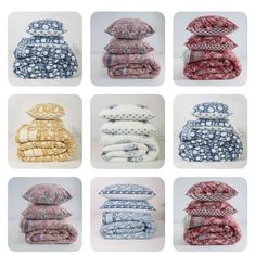 six different types of blankets stacked on top of each other in various colors and patterns