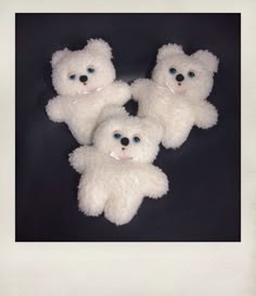 three white teddy bears with blue eyes on a black background