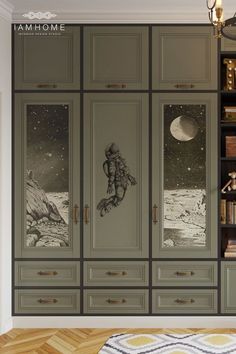 an image of a room with bookshelves and space mural on the wall in it