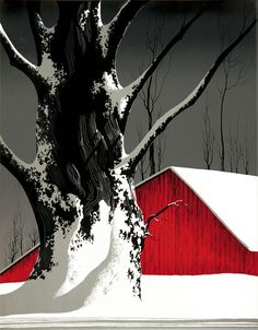 a red barn and tree in the snow