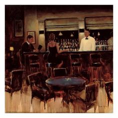 a painting of people sitting at a bar in front of a man standing behind the bar