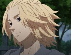 an anime character with blonde hair and blue eyes looking at something in front of him