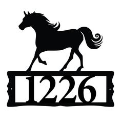 a horse running on top of a sign with the number 1226 written below it