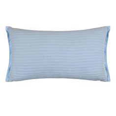 a blue and white striped pillow on a white background with a light blue corded border