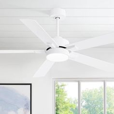 a white ceiling fan sitting in a living room next to a large painting on the wall