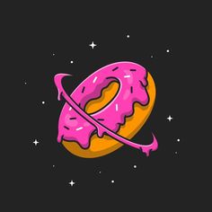 a donut with pink icing and saturn on it's side in the dark