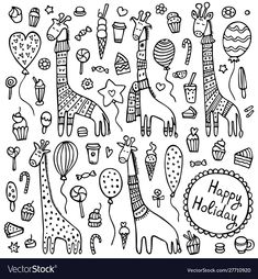 hand drawn giraffes and balloons for happy birthday