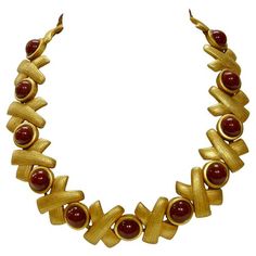 1970s matte textured gold-plated cross-link oxblood/burgundy cabochon spacers collar necklace. Signed "USA." From a private collection, never worn. Drops, 8.5"L. Interior, 17" circumference. Autumn Fashion Casual, Gold Texture, Wisteria, Collar Necklace, Stylish Home, One Kings Lane, Vintage Necklace, Jewelry Inspiration, Fashion Casual