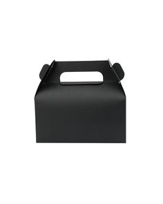 a black box with a handle on the front and side, sitting on a white surface