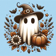 a drawing of a ghost with flowers and pumpkins on it's head, in front of a blue background