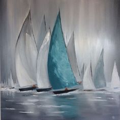 a painting of sailboats sailing in the ocean on a cloudy day with blue sails