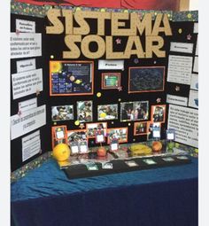 a display with pictures and information about solars on the table in front of it