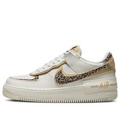 The Nike Air Force 1 Low Shadow Leopard features a classic basketball-inspired design with a modern twist.  The sleek leather base in a Soft Sail hue is accented with creamy suede and a distinctive leopard print Swoosh. The "Double Everything" design concept adds a layered look with dual Swooshes and an exaggerated midsole, creating a unique and comfortable sneaker. (AF1/SNKR/Skate/Low Top/Women's/Non-Slip/Leopard Print/Wear-resistant) Womens Air Force 1, Air Force Women, Nike X Travis Scott, Nike Air Force 1 Shadow, Air Force 1 Shadow, Low Air Jordan 1, Leopard Shoes, Nike Models, Jordan 8