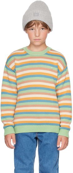 Knit cotton sweater. Stripes throughout. · Rib knit crewneck, hem, and cuffs · Embroidered logo patch at chest · Dropped shoulders · Hand-wash Supplier color: Mint green/Multi Model measures 54” / 137.2 cm tall and wears size 8-10Y. Acne Studios Size: child's height 3-4Y: 38.5-40 / 98-104 cm 4-6Y: 40-45.5 / 104-116 cm 6-8Y: 45.5-50 / 116-128 cm 8-10Y: 50-55 / 128-140 cm Green Stipe Sweater, Green Striped Sweater, Acne Studios Sweatshirt, Knit Crewneck, Striped Sweater, Knit Cotton, Cotton Sweater, Green Stripes, Patch Logo