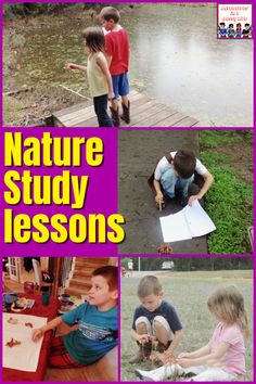 four pictures with the words nature study lessons written in different languages and images of children